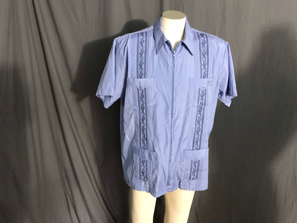 Vintage blue Guayabera zip up pocket embroidered shirt L