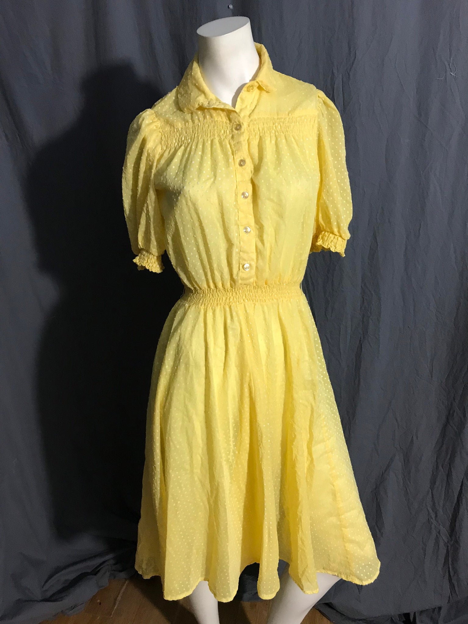 Vintage 1970’s yellow polka dot sheer collared dress M
