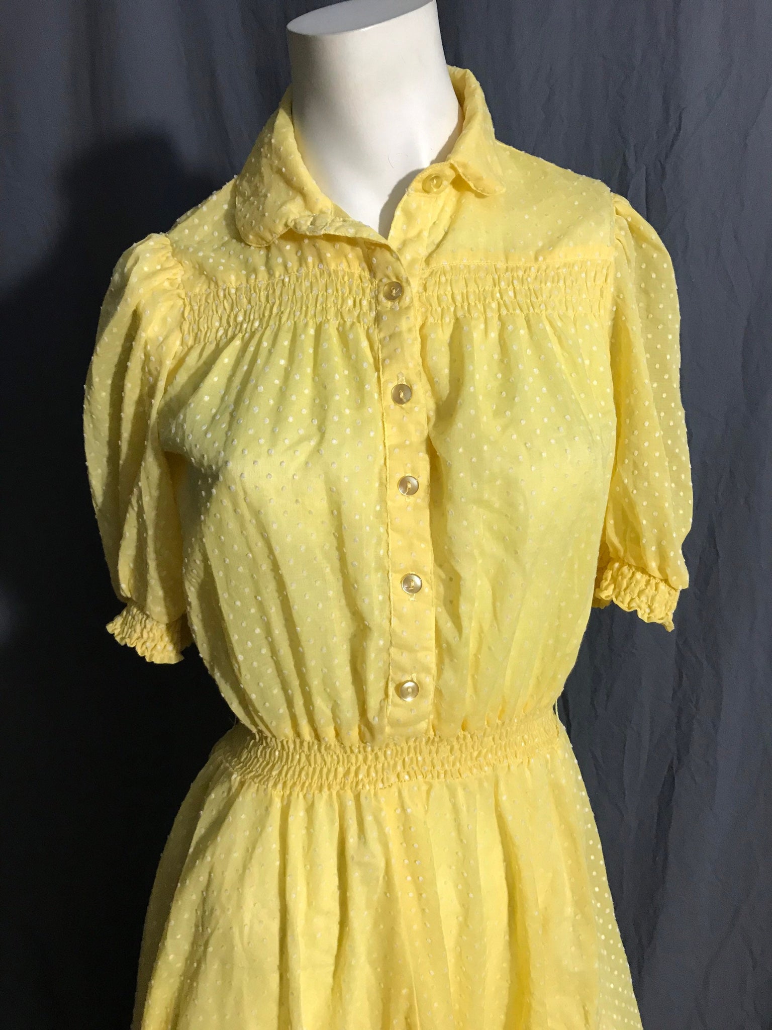 Vintage 1970’s yellow polka dot sheer collared dress M
