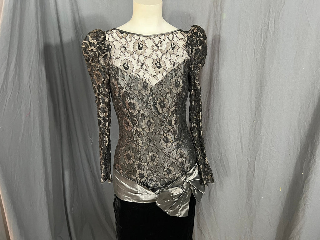 Vintage 80's black and gray drop waist lace and velvet party dress 4