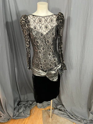 Vintage 80's black and gray drop waist lace and velvet party dress 4