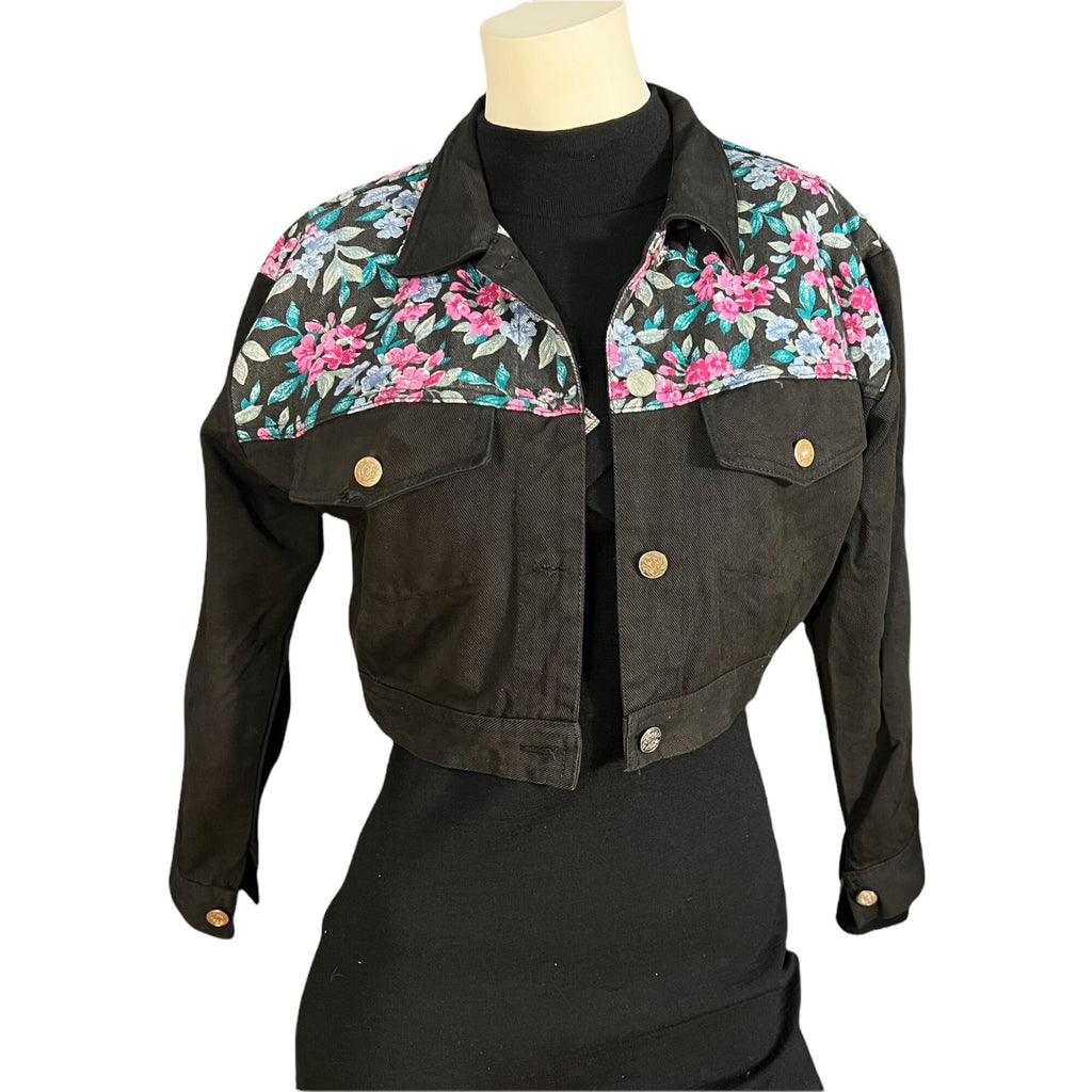 Vintage 80's short black floral jean jacket S