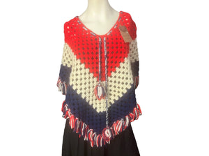 Vintage 70's red, white, & blue crochet shawl