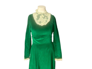 Vintage green velvet prairie victorian dress S M