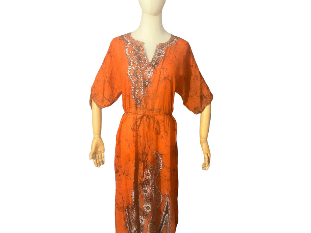 Vintage orange batik cotton long dress M