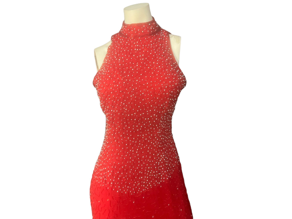 Vintage 80's bead % sequin red long dress M Mikhaelangela