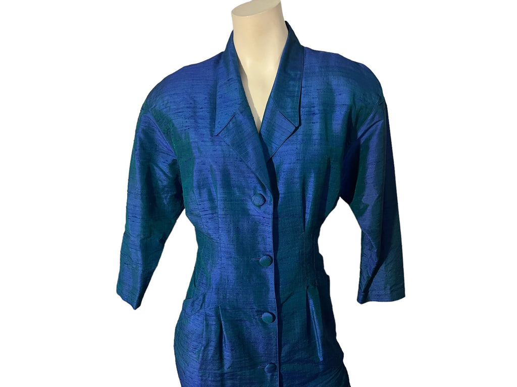 Vintage 80's blue silk fitted shirt dress L