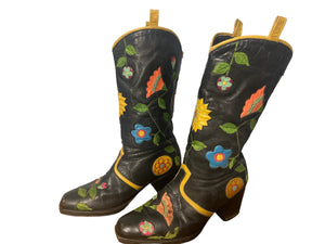 Vintage 60’s floral black leather boots 6B