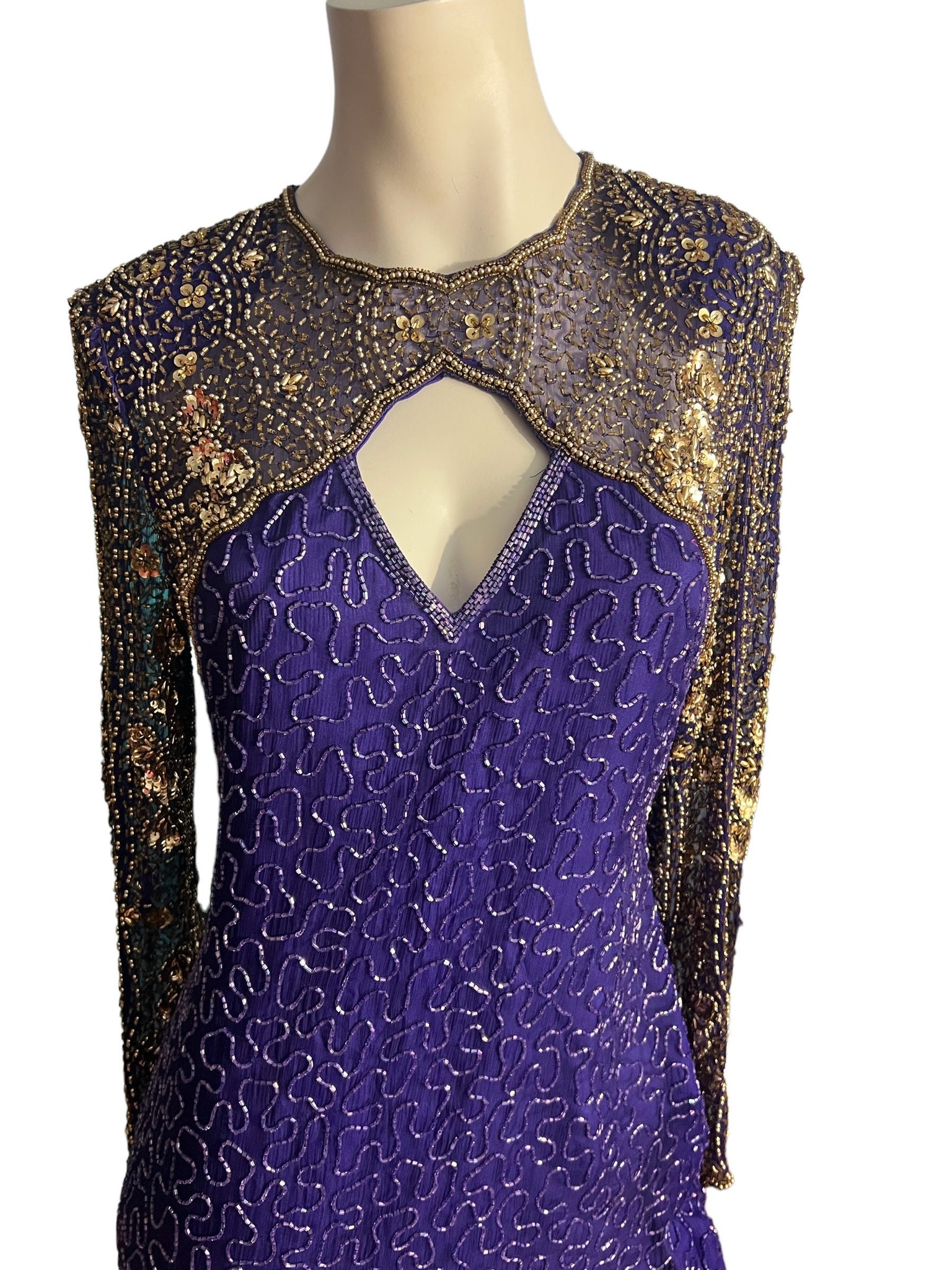Vintage 80's purple gold sequin bead dress M