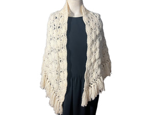 Vintage white crochet shawl with fringe