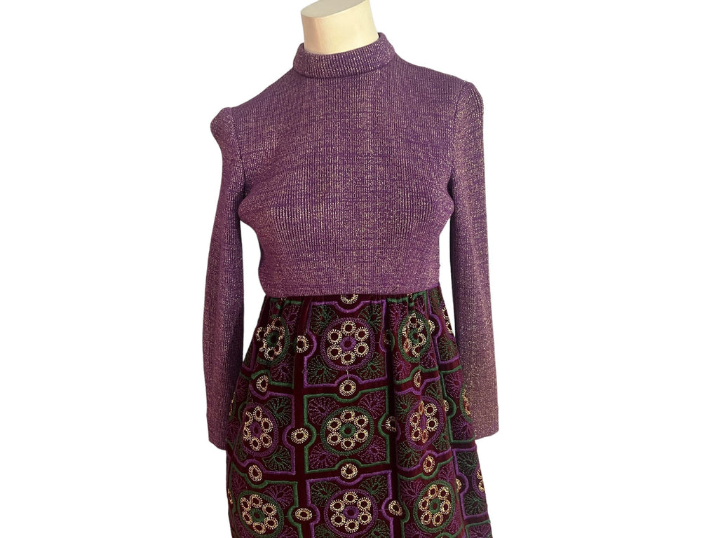 Vintage 70's velvet purple embroidery maxi dress M