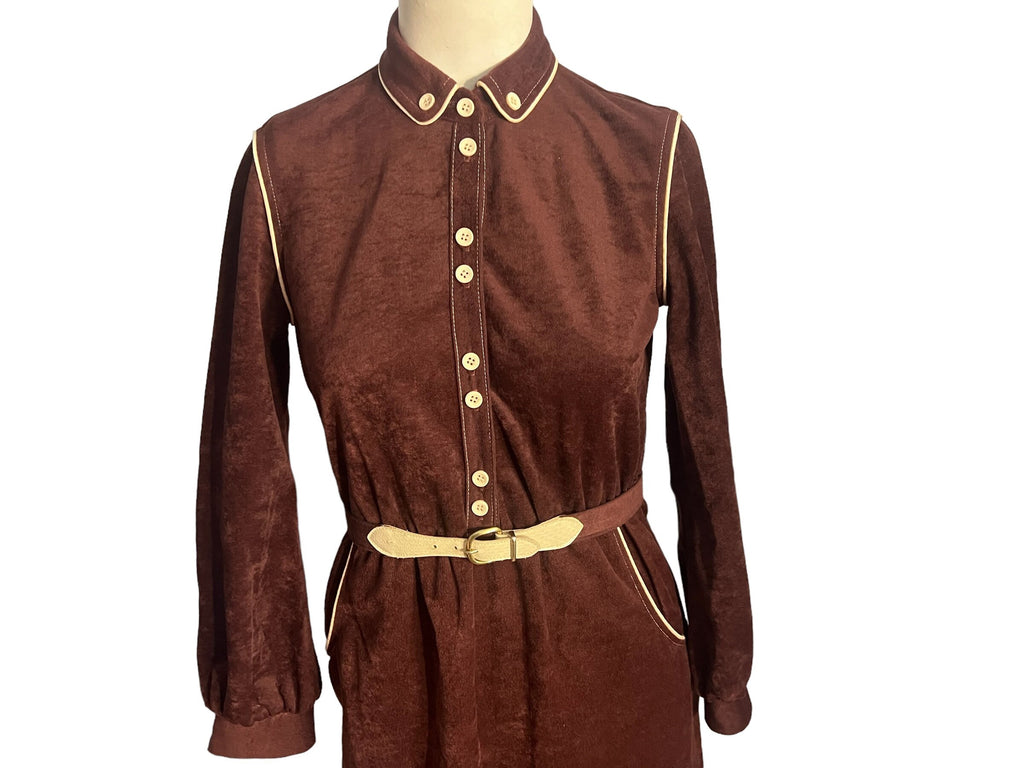 Vintage 70's brown velor dress Sunshine Alley S