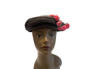 Vintage navy hat with pink flowers