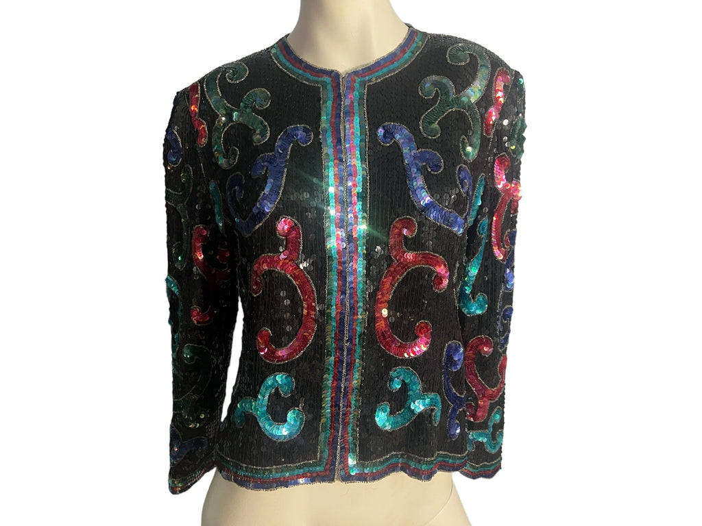 Vintage sequin & bead jacket black and rainbow Stmira M