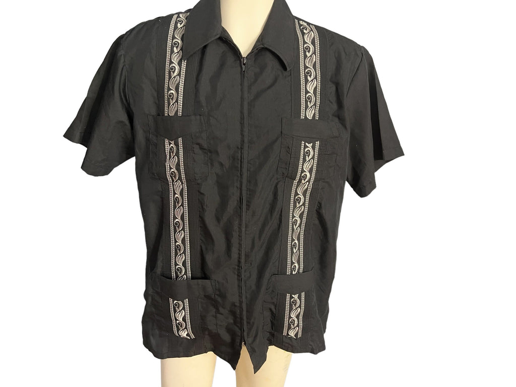 Vintage Guayabera black men's zip shirt L