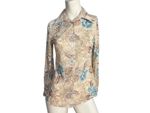 Vintage 70's brown floral nylon shirt M