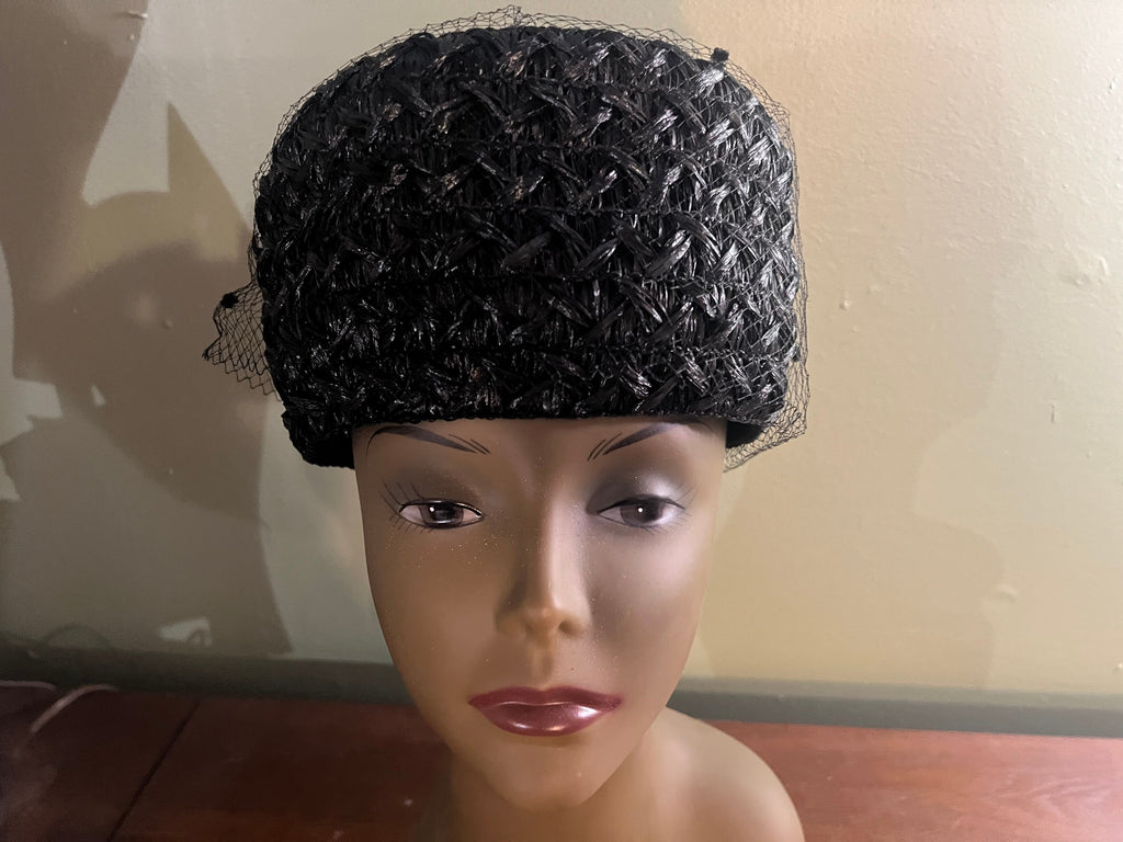 Vintage black raffia hat with net