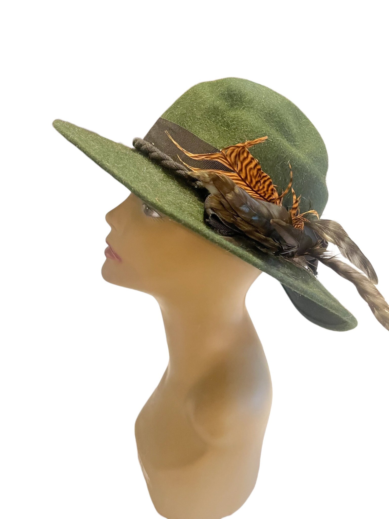 Vintage green fedora hat with feathers