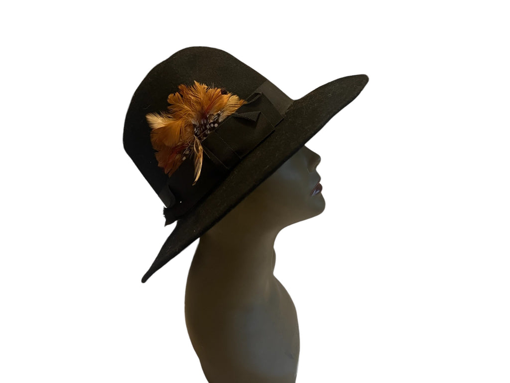 Vintage black wool fedora hat with feather