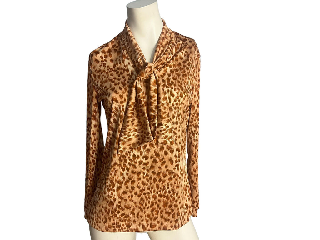 Vintage 70's leopard tie neck shirt L Mardi Modes