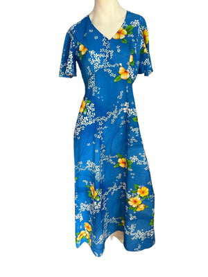 Vintage 70's blue Hawaiian maxi dress M