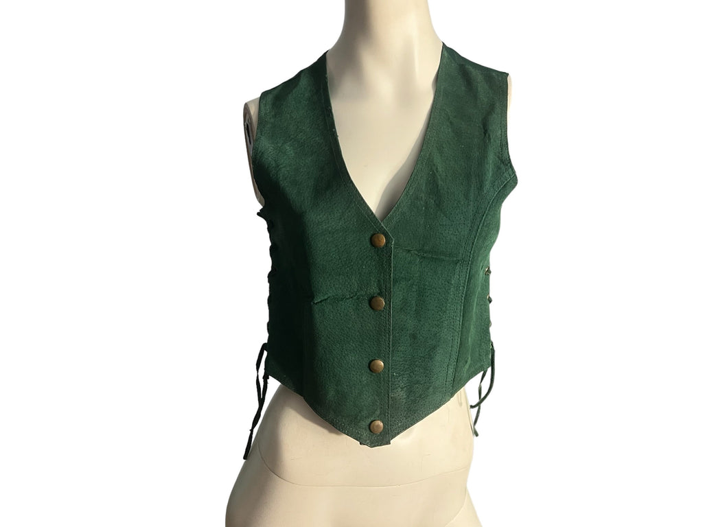 Vintage green 80's leather vest M L Axessorium