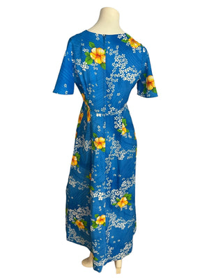 Vintage 70's blue Hawaiian maxi dress M