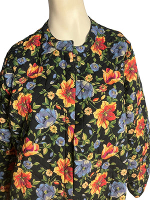 Vintage 80's black floral quilted jacket L XL