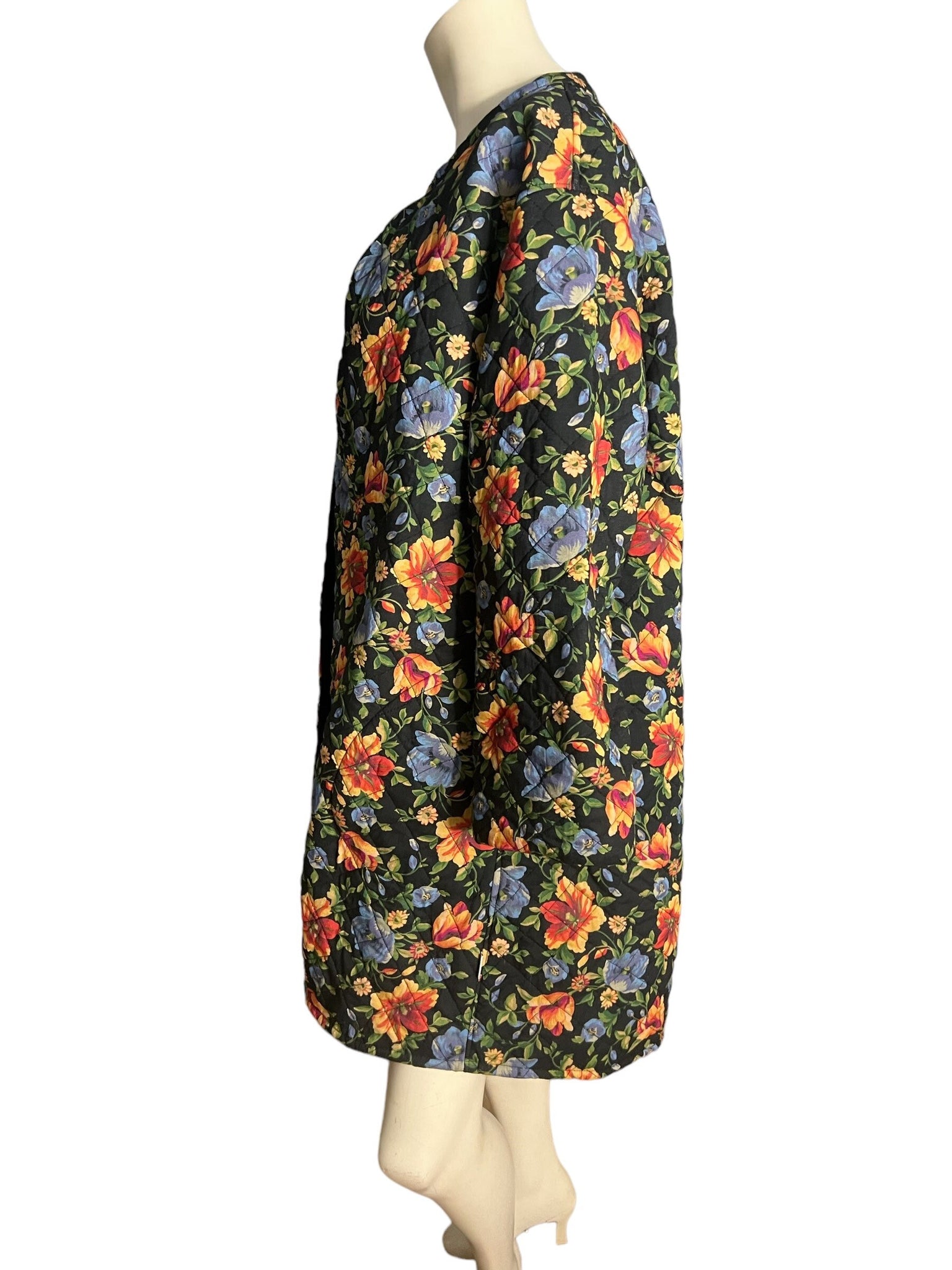 Vintage 80's black floral quilted jacket L XL