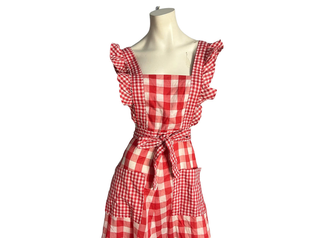 Vintage 70's red check pinafore wrap dress S XS