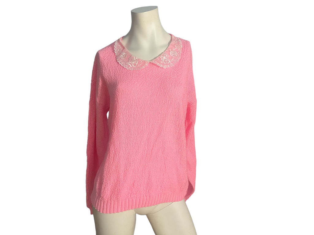 Vintage 80's pink sweater lace collar Brunny L