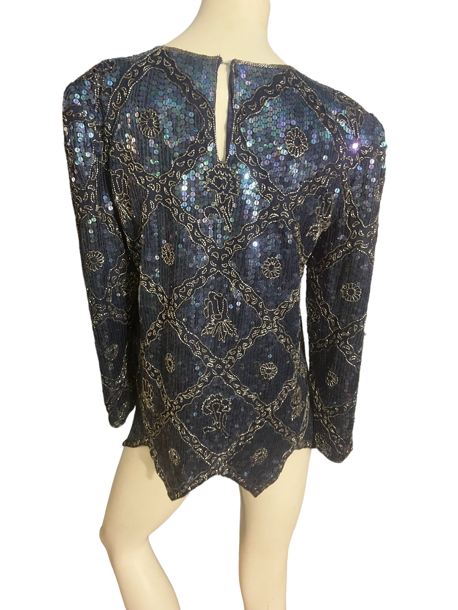 Vintage blue & black sequin shirt S Nina Couture