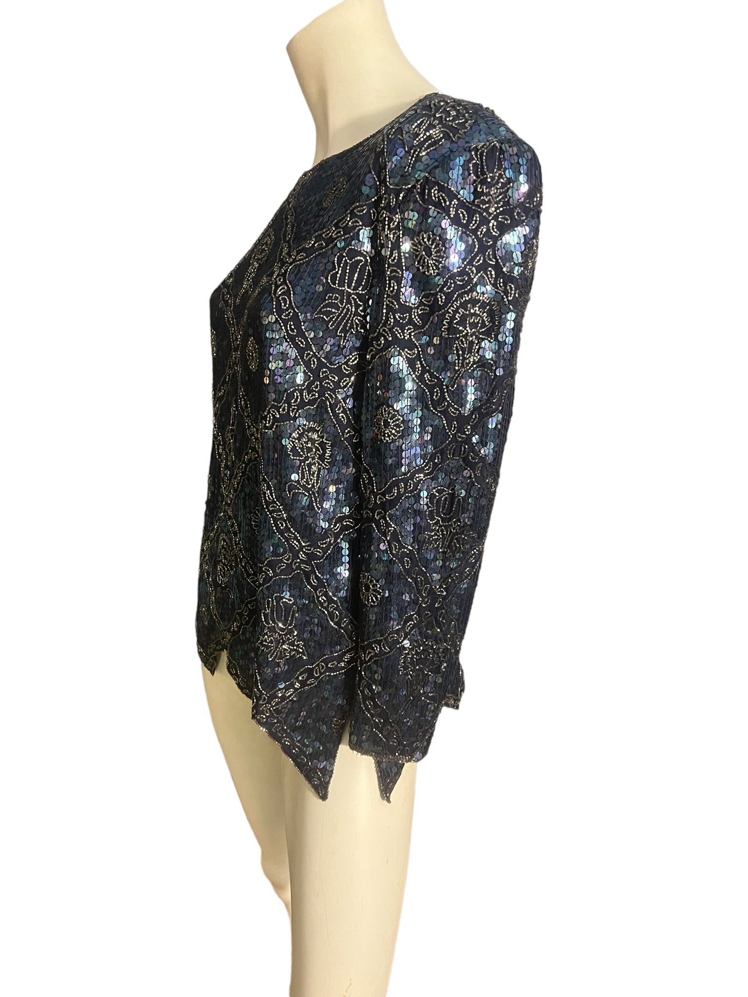 Vintage blue & black sequin shirt S Nina Couture
