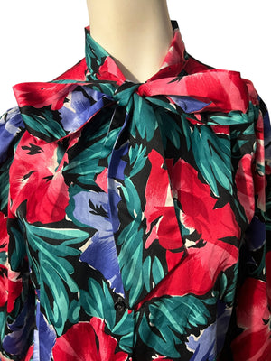 Vintage 80's floral bow tie blouse top S M rrrrruss