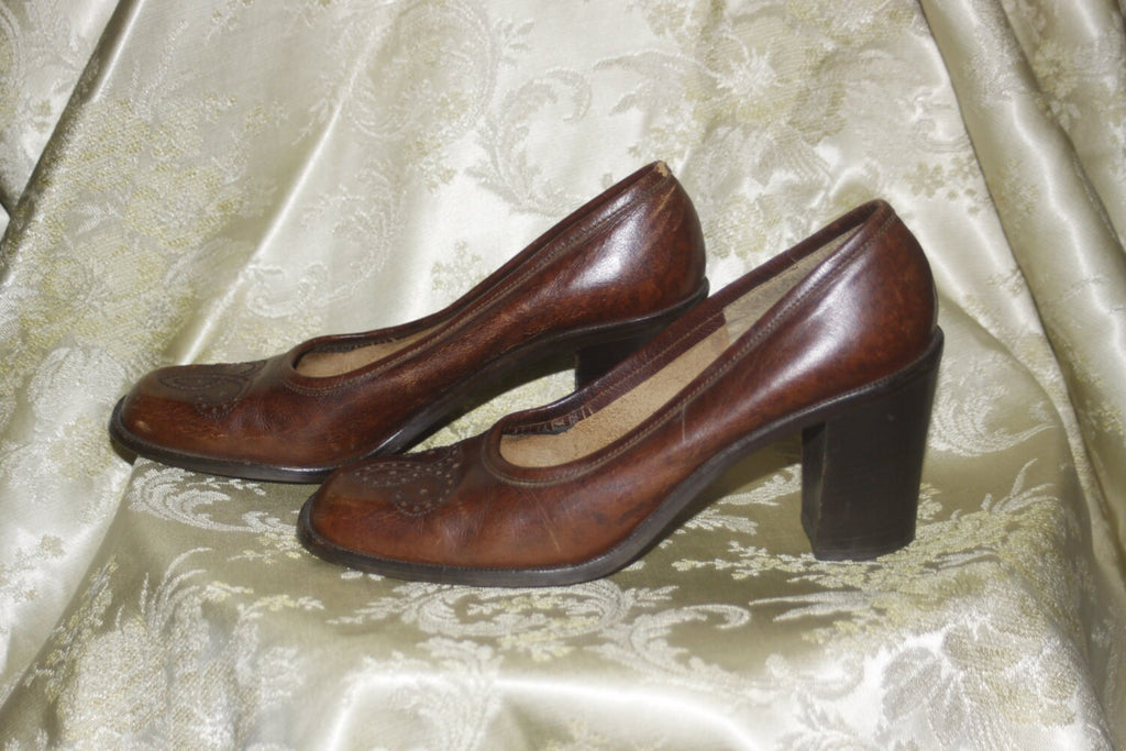 Vintage Brown 1970's Stacked Heels Shoes 6 N