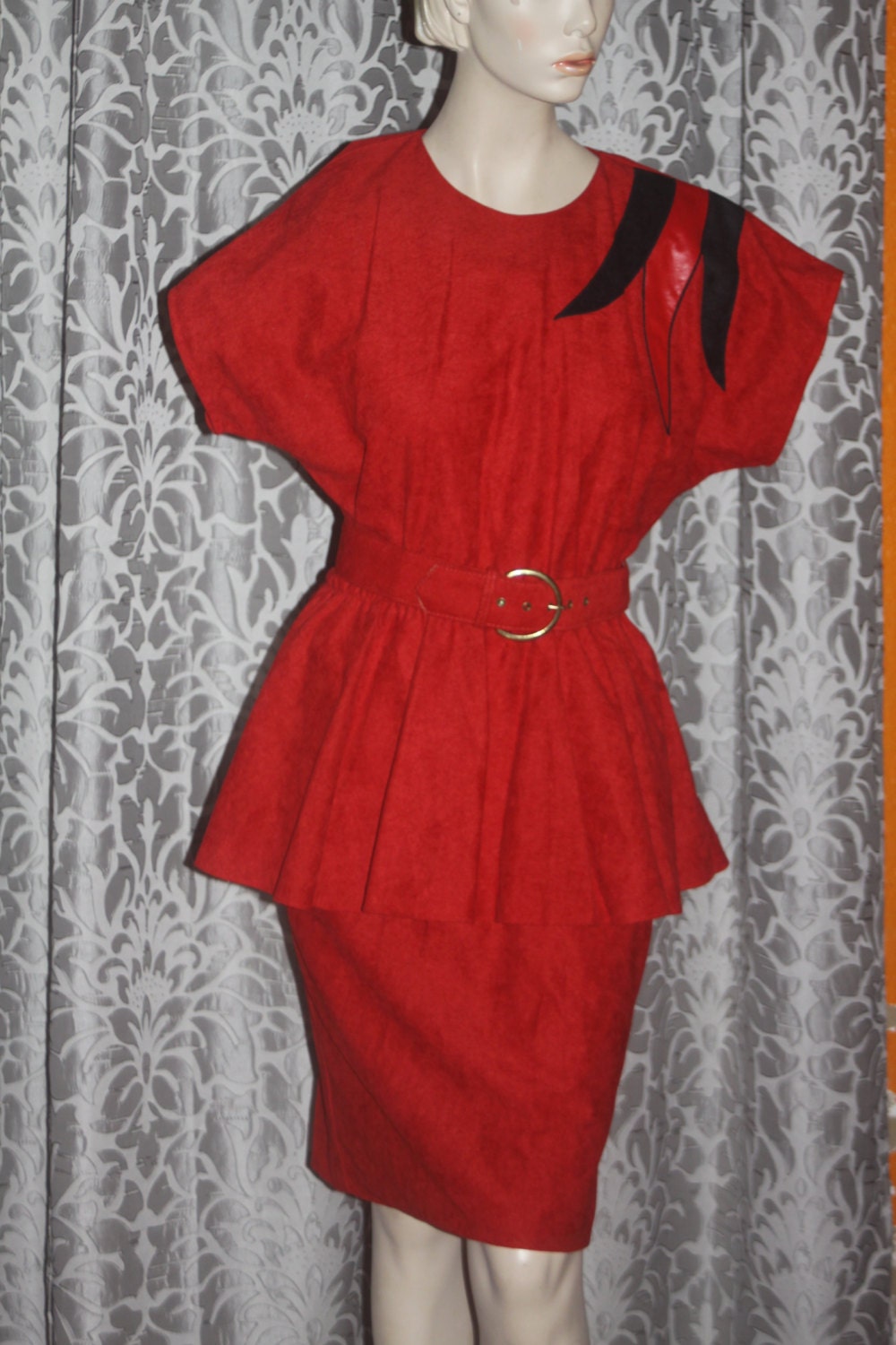Vintage 1980's Mod Bold Red Peplum Dress M 9